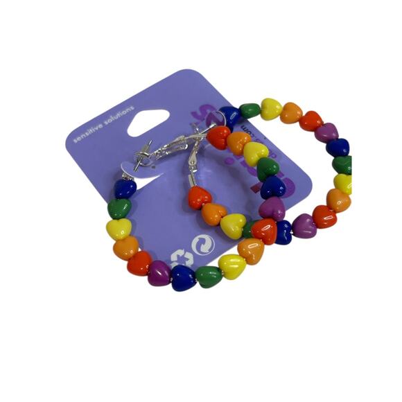 Claires New Heart Rainbow Hoop Earrings Leverback Pierced 2 Incch - Picture 2 of 6